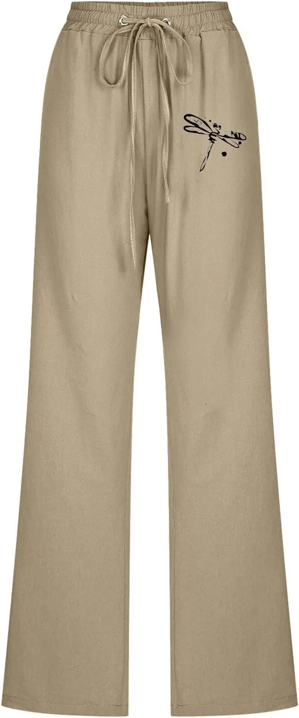 Linen Pants Women Long Straight Leg Loose Comfy Trousers High Waist Drawstring Summer Lounge Beach Soft Sweatpants