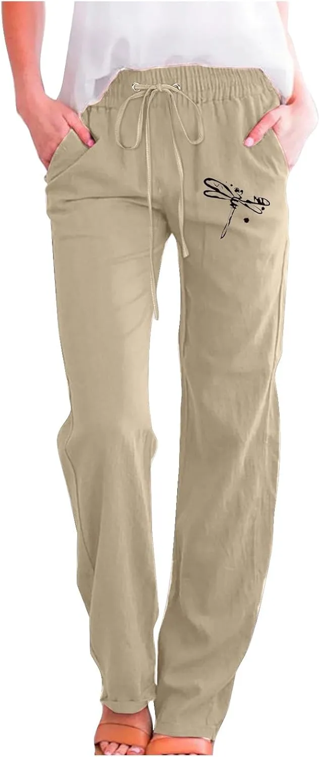 Linen Pants Women Long Straight Leg Loose Comfy Trousers High Waist Drawstring Summer Lounge Beach Soft Sweatpants