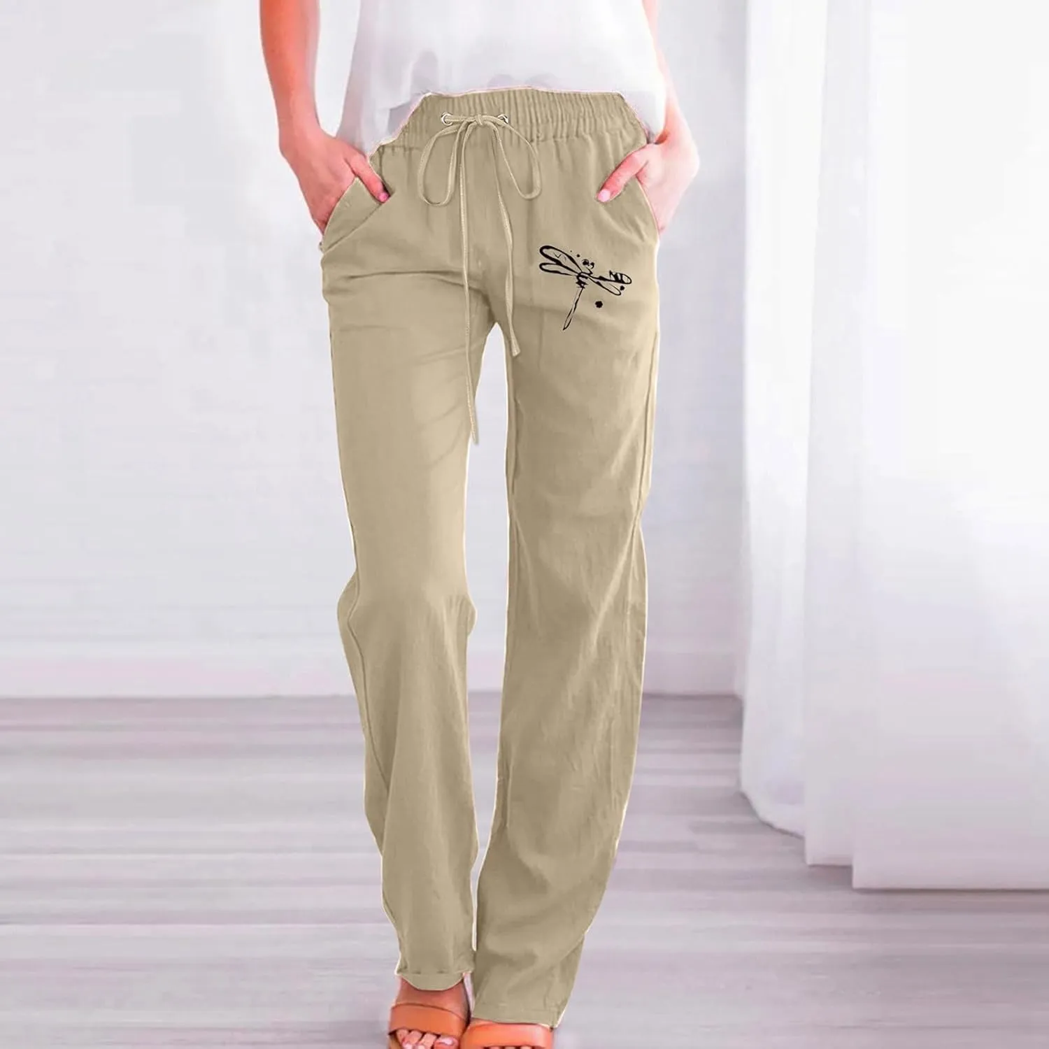 Linen Pants Women Long Straight Leg Loose Comfy Trousers High Waist Drawstring Summer Lounge Beach Soft Sweatpants