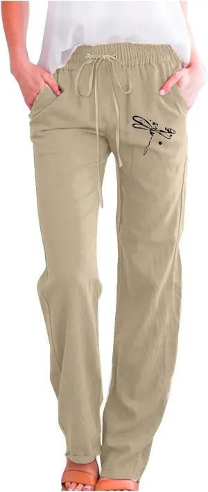 Linen Pants Women Long Straight Leg Loose Comfy Trousers High Waist Drawstring Summer Lounge Beach Soft Sweatpants
