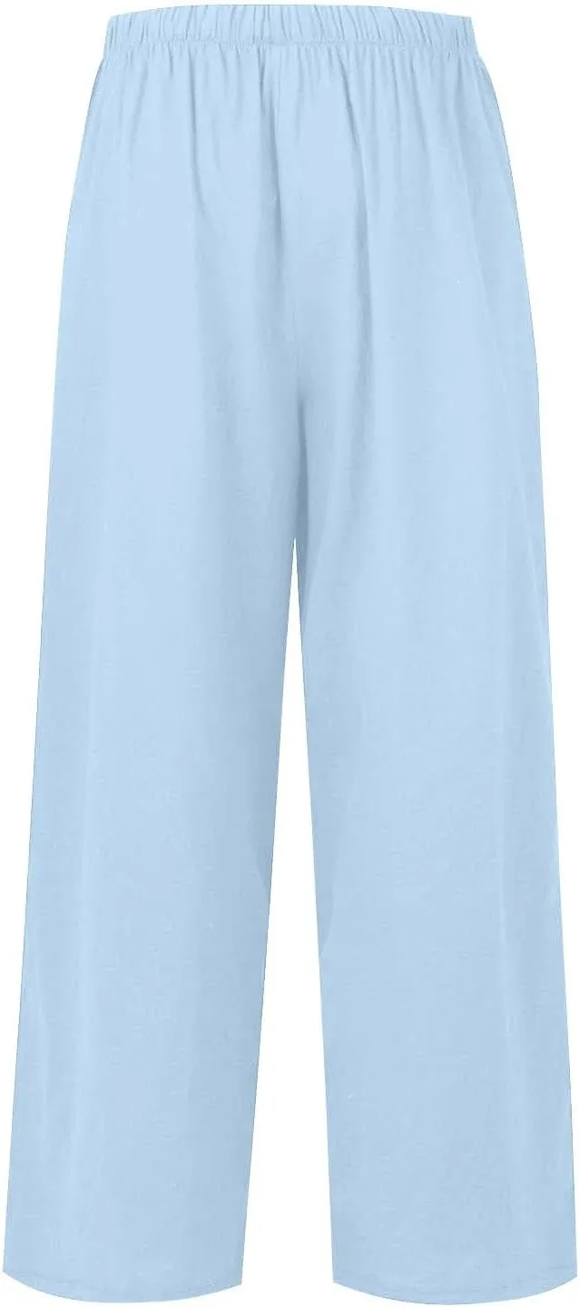 Linen Pants Women Summer Wide Leg Pants Drawstring Elastic Waist Pants High Waisted Pants Casual Beach Trousers