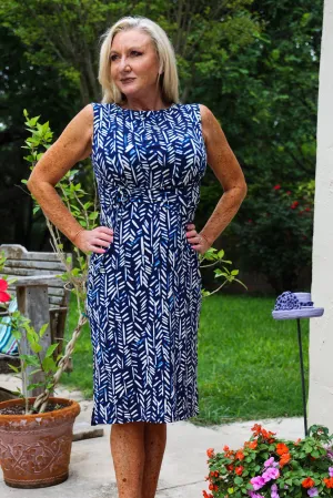 London Times Delicate Leaves Sleeveless Crew Neck Belted Sheath Dress In Navy And Ivory