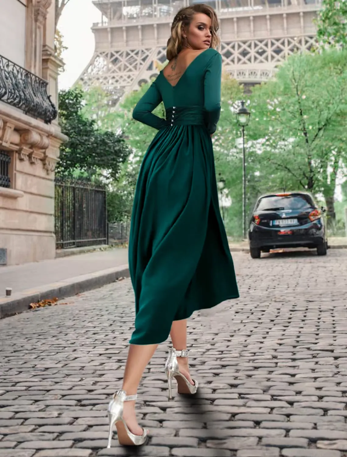 Luolandi A-Line Cocktail Dresses Empire Dress Formal Tea Length Long Sleeve Cowl Neck Stretch Chiffon with Buttons