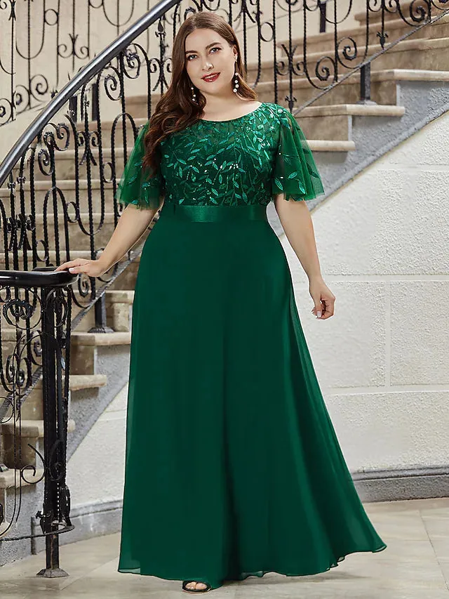 Luolandi A-Line Prom Dresses Empire Dress Evening Party Floor Length Short Sleeve Jewel Neck Chiffon V Back