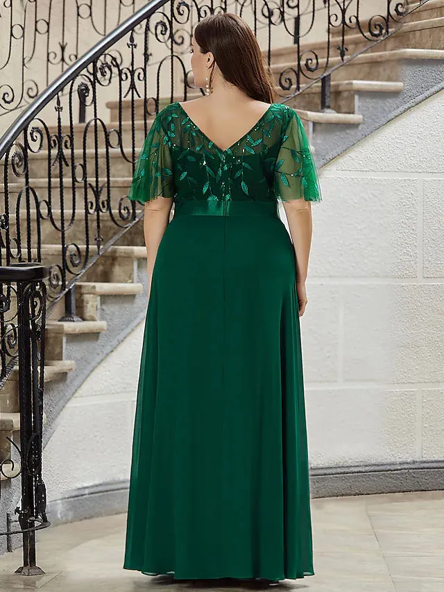 Luolandi A-Line Prom Dresses Empire Dress Evening Party Floor Length Short Sleeve Jewel Neck Chiffon V Back