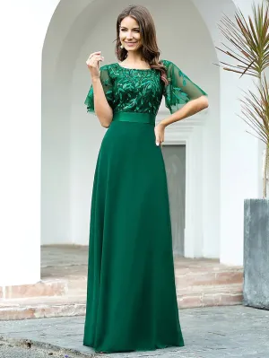 Luolandi A-Line Prom Dresses Empire Dress Evening Party Floor Length Short Sleeve Jewel Neck Chiffon V Back