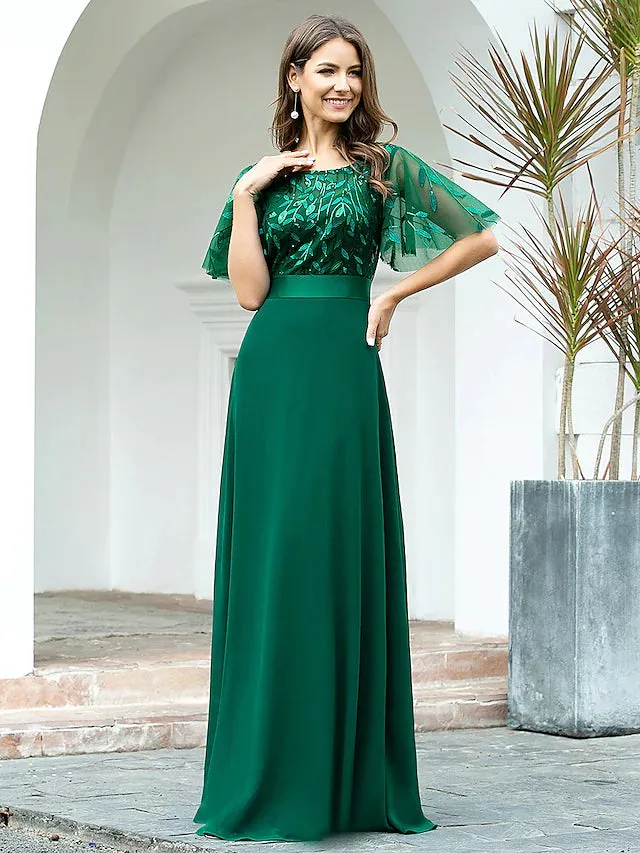 Luolandi A-Line Prom Dresses Empire Dress Evening Party Floor Length Short Sleeve Jewel Neck Chiffon V Back