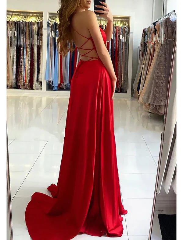 Luolandi A-Line Prom Dresses Empire Dress Formal Prom Sweep / Brush Train Sleeveless V Neck Imitation Silk Backless with Pleats Slit Sexy Party Dress