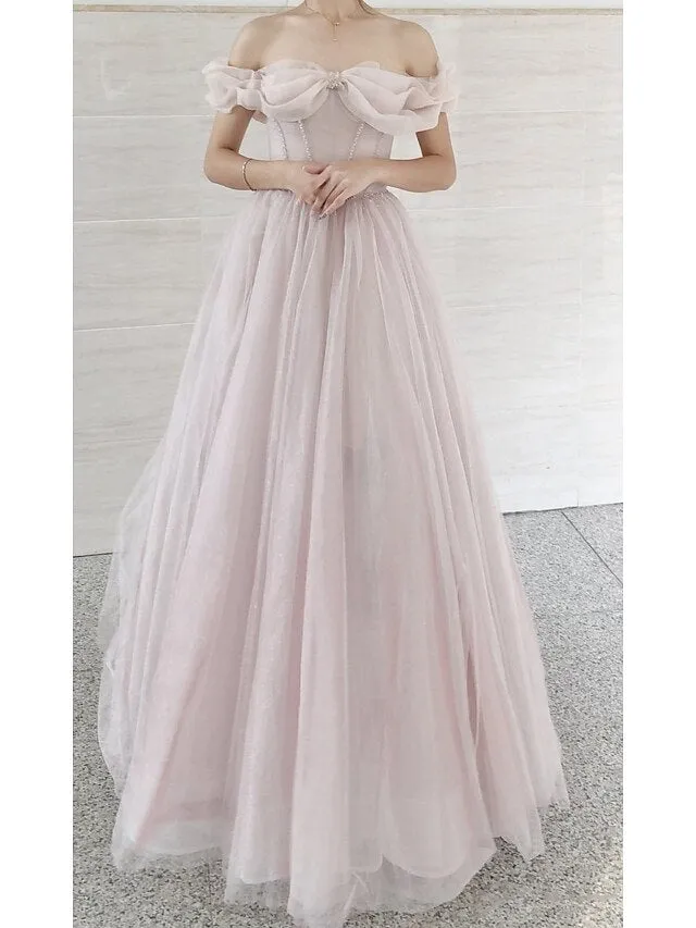 Luolandi A-Line Prom Dresses Empire Dress Prom Sweep / Brush Train Short Sleeve Sweetheart Tulle with Pleats