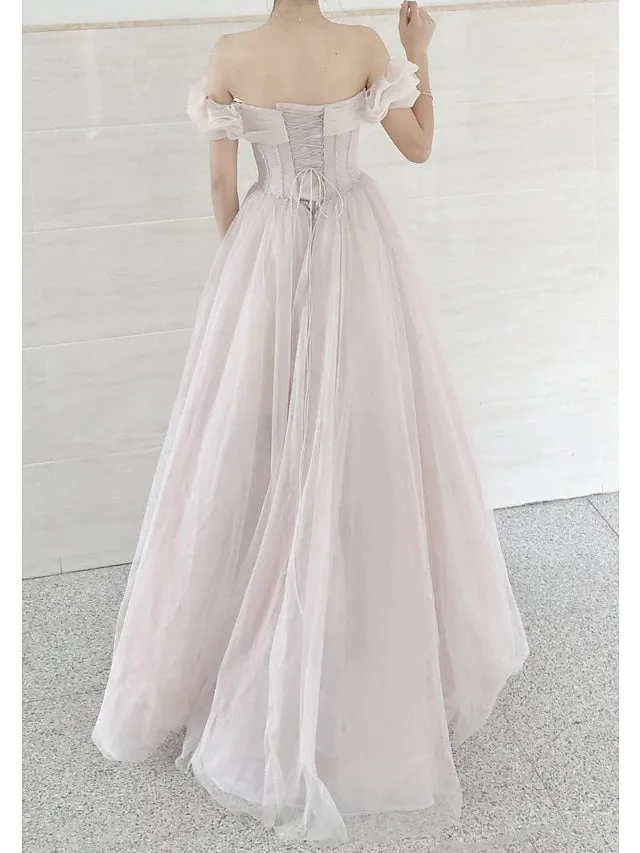 Luolandi A-Line Prom Dresses Empire Dress Prom Sweep / Brush Train Short Sleeve Sweetheart Tulle with Pleats