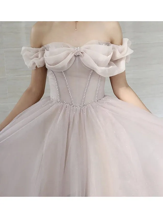 Luolandi A-Line Prom Dresses Empire Dress Prom Sweep / Brush Train Short Sleeve Sweetheart Tulle with Pleats