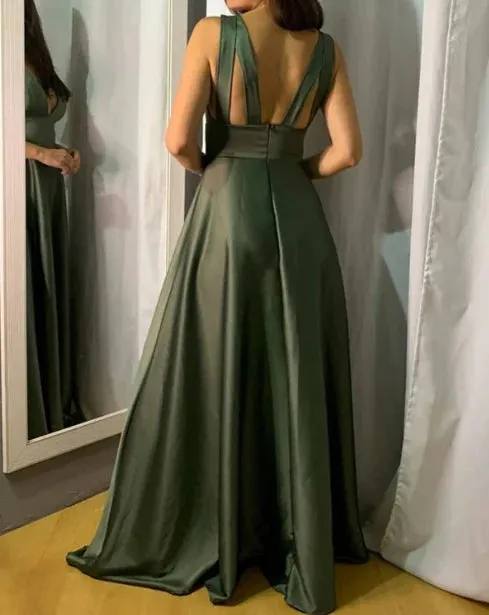 Luolandi Long Satin V Neck Empire Bridesmaid Dresses A-Line Evening Dresses Sexy Solid Color