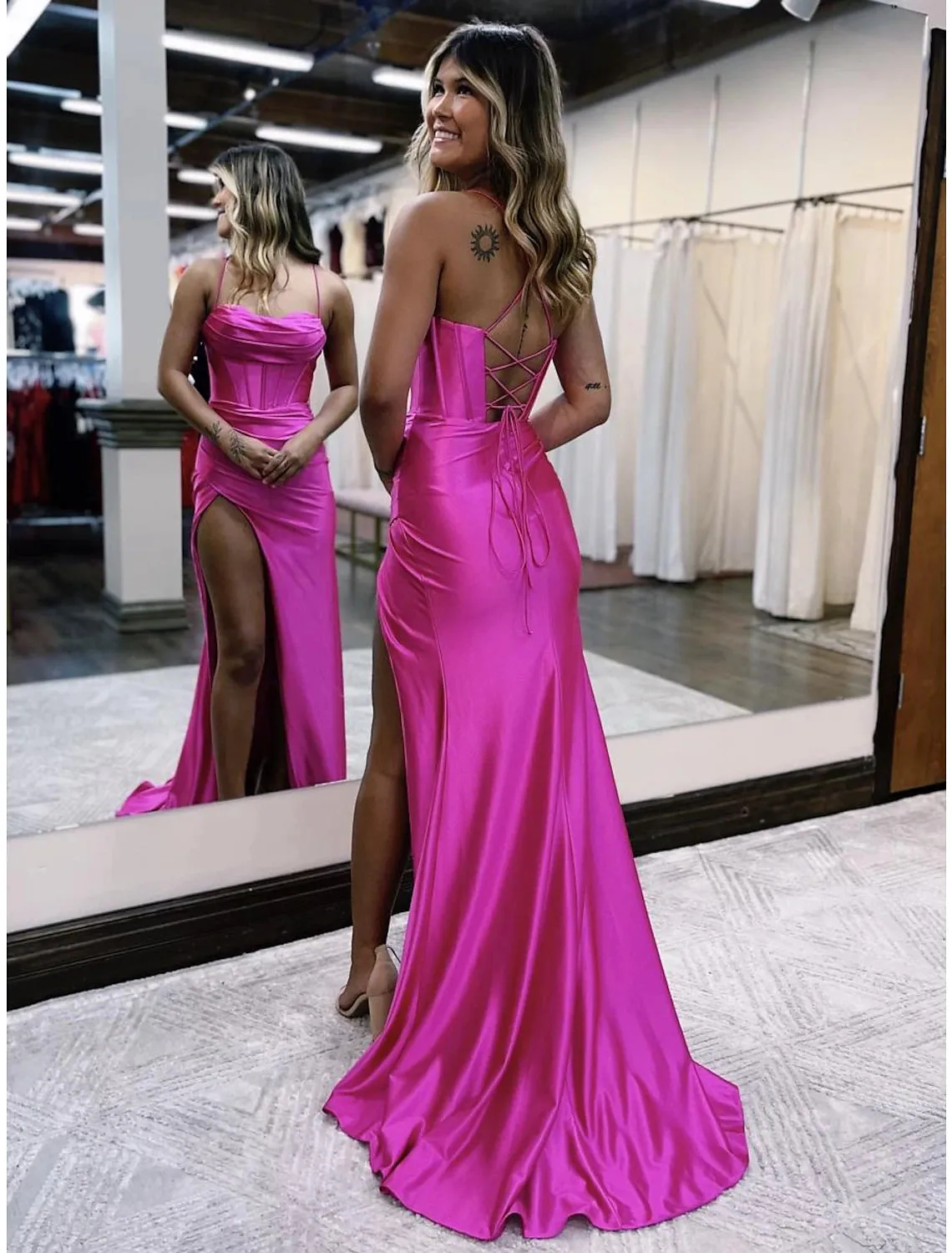 Luolandi Mermaid / Trumpet Prom Dresses Empire Dress Formal Wedding Party Sweep / Brush Train Sleeveless Spaghetti Strap Satin Backless Evening Dress