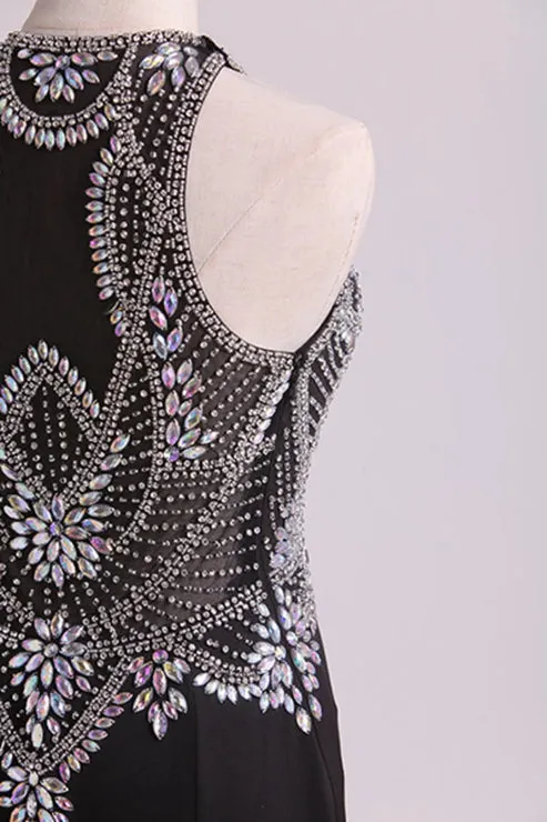 Luolandi Party Dresses Scoop Beaded Bodice Floor Length Spandex Sheath Evening Dress