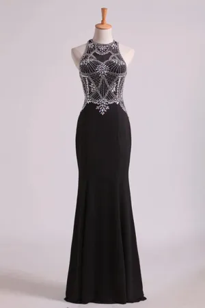 Luolandi Party Dresses Scoop Beaded Bodice Floor Length Spandex Sheath Evening Dress