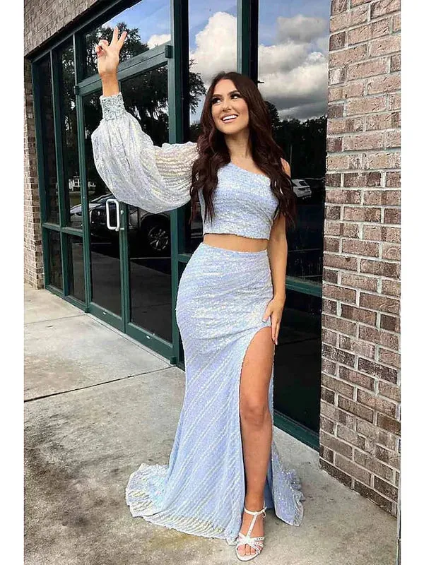 Luolandi Prom Dresses Empire Dress Party Wear Sleeveless One Shoulder Sequined with Sequin Slit Sparkly Evening Dress