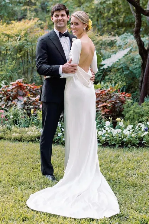 Luolandi Sheath Backless Long Sleeves White Soft Satin Wedding Dresses Open Back Elegant