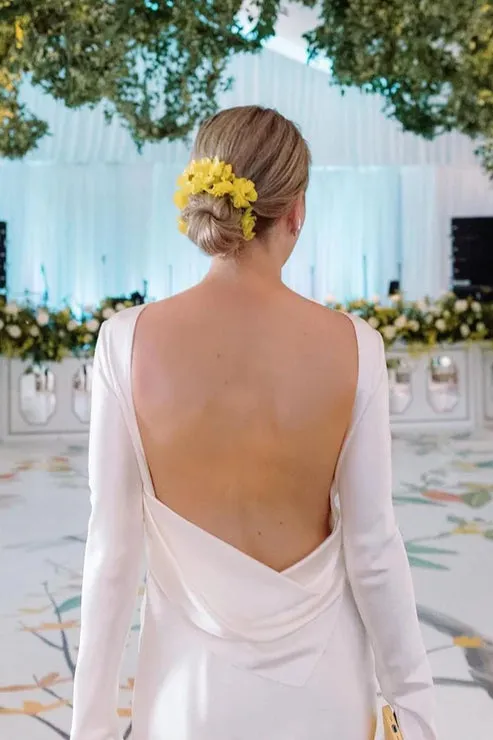Luolandi Sheath Backless Long Sleeves White Soft Satin Wedding Dresses Open Back Elegant
