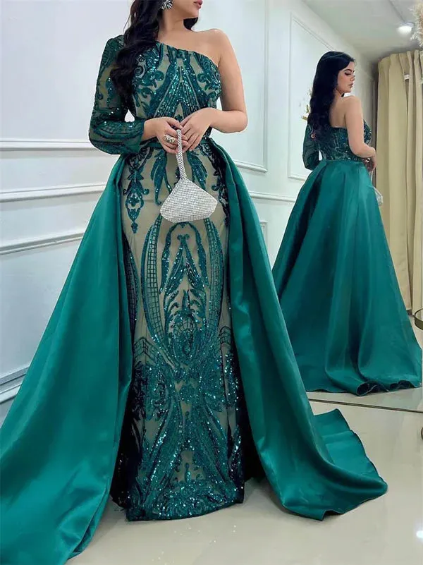 Luolandi Sheath/Column One-Shoulder Court Train Evening Dresses with Sequins Elegant