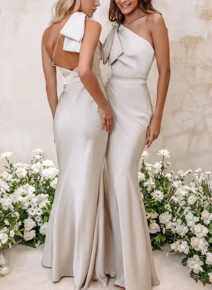 Luolandi Sheath/Column One-Shoulder Satin Floor-length Long Bridesmaid Dresses With Bow Party Dress