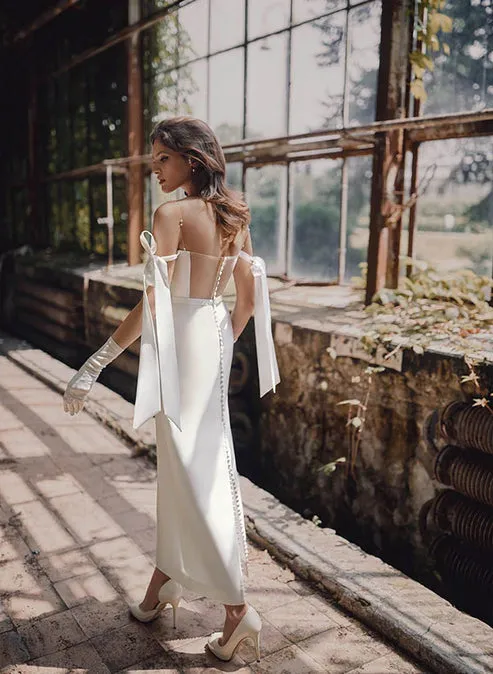 Luolandi Simple Sheath Off-The-Shoulder Ankle-Length Satin Wedding Dresses White Without Gloves