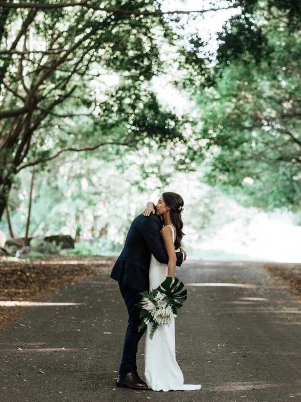 Luolandi Simple Spaghetti Straps Satin Sheath Wedding Dresses With Sweep Train Solid Color Bridal Gown