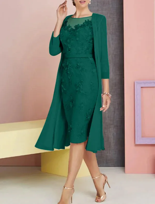 Luolandi Two Piece Sheath / Column Mother of the Bride Dress Wedding Guest Church Elegant Vintage Plus Size Bateau Neck Knee Length Chiffon Lace 3/4 Length Sleeve Jacket Dresses with Appliques Beautiful