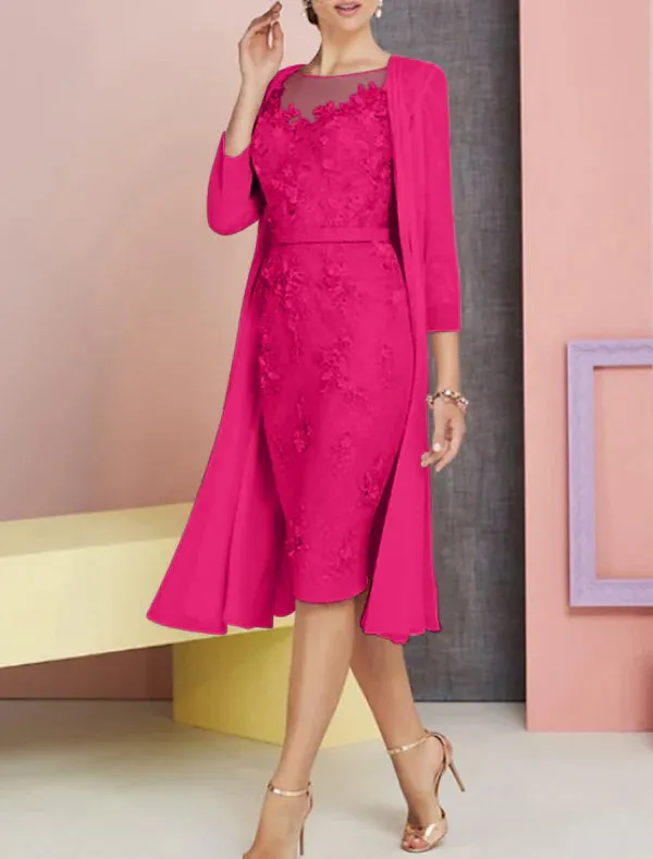 Luolandi Two Piece Sheath / Column Mother of the Bride Dress Wedding Guest Church Elegant Vintage Plus Size Bateau Neck Knee Length Chiffon Lace 3/4 Length Sleeve Jacket Dresses with Appliques Beautiful