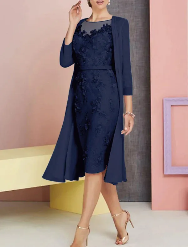 Luolandi Two Piece Sheath / Column Mother of the Bride Dress Wedding Guest Church Elegant Vintage Plus Size Bateau Neck Knee Length Chiffon Lace 3/4 Length Sleeve Jacket Dresses with Appliques Beautiful