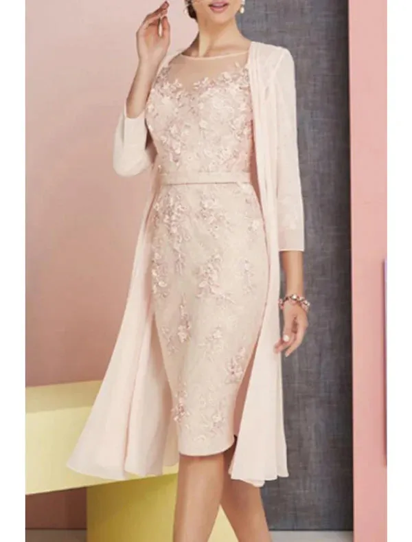 Luolandi Two Piece Sheath / Column Mother of the Bride Dress Wedding Guest Church Elegant Vintage Plus Size Bateau Neck Knee Length Chiffon Lace 3/4 Length Sleeve Jacket Dresses with Appliques Beautiful