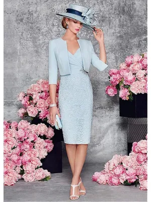 Luolandi Two Piece Sheath / Column Mother of the Bride Dress Wedding Guest Church Plunging Neck Knee Length Satin Lace Half Sleeve Short Jacket Dresses with Lace Split Front Crystal