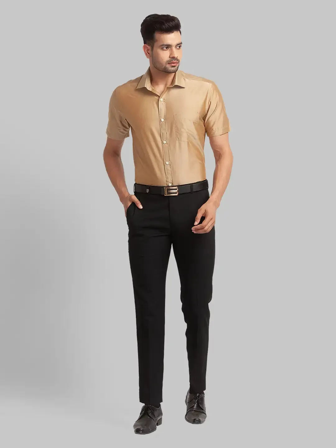 Men Fawn Regular Fit Solid Silk Half Sleeve Cut Away Collar Shirts