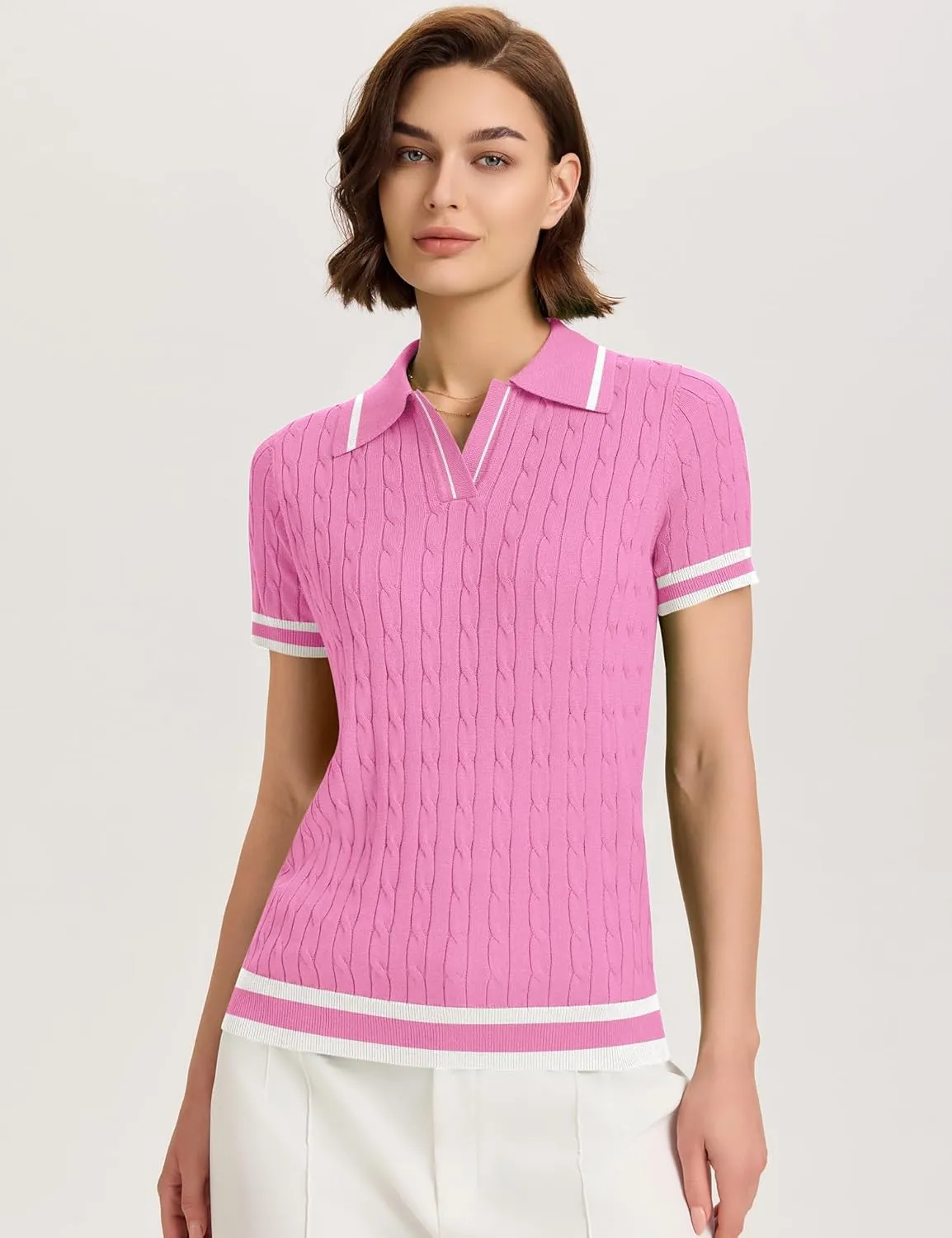 Micoson Womens Short Sleeve Sweater Tops Lapel V Neck Loose Shirts 2025 Summer Cable Knit Business Casual Outfits