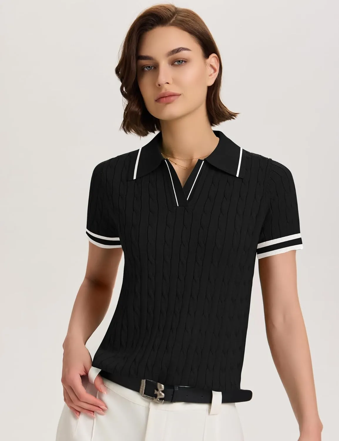 Micoson Womens Short Sleeve Sweater Tops Lapel V Neck Loose Shirts 2025 Summer Cable Knit Business Casual Outfits