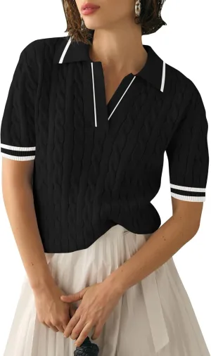 Micoson Womens Short Sleeve Sweater Tops Lapel V Neck Loose Shirts 2025 Summer Cable Knit Business Casual Outfits