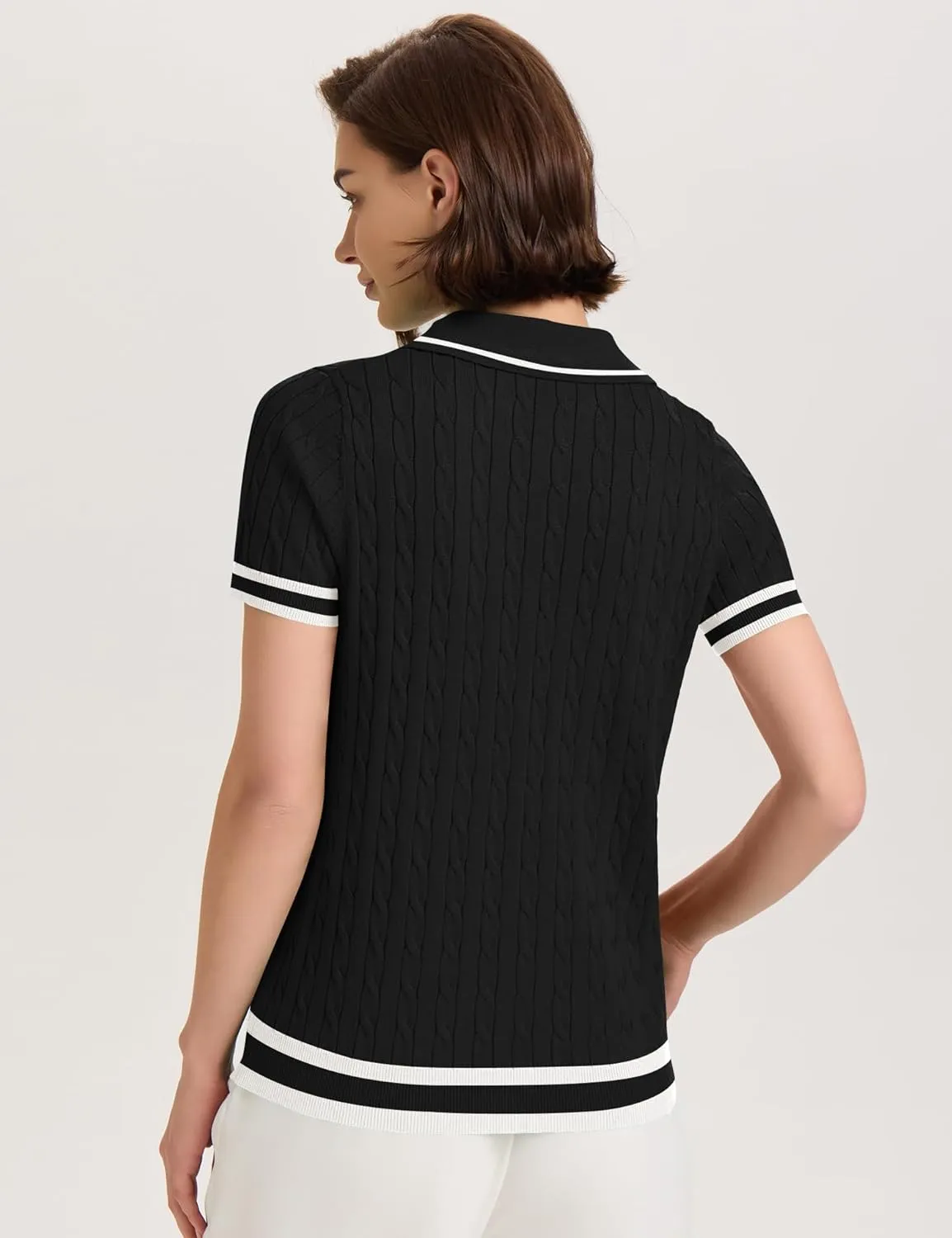 Micoson Womens Short Sleeve Sweater Tops Lapel V Neck Loose Shirts 2025 Summer Cable Knit Business Casual Outfits