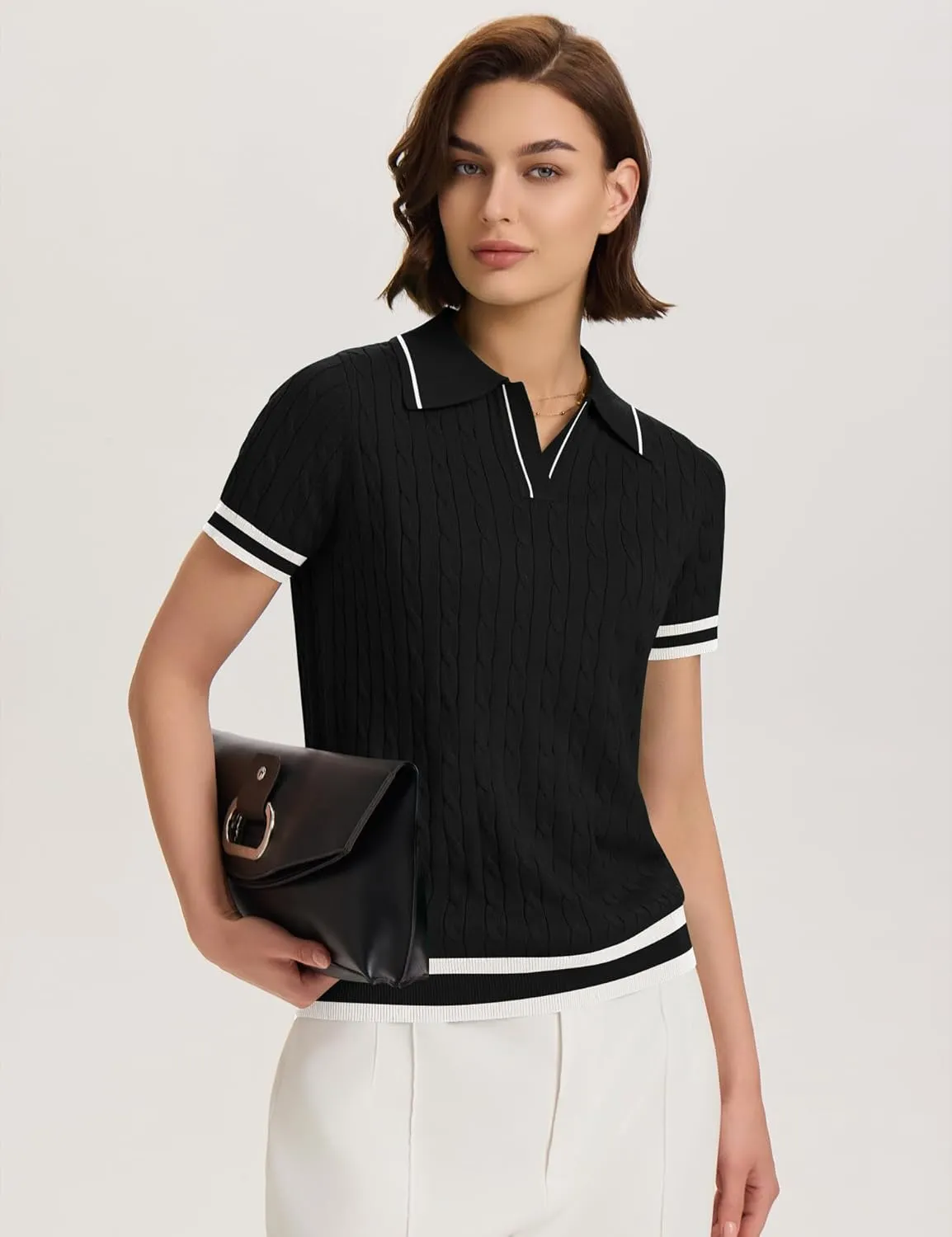 Micoson Womens Short Sleeve Sweater Tops Lapel V Neck Loose Shirts 2025 Summer Cable Knit Business Casual Outfits