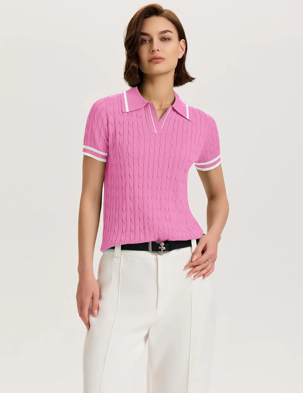 Micoson Womens Short Sleeve Sweater Tops Lapel V Neck Loose Shirts 2025 Summer Cable Knit Business Casual Outfits