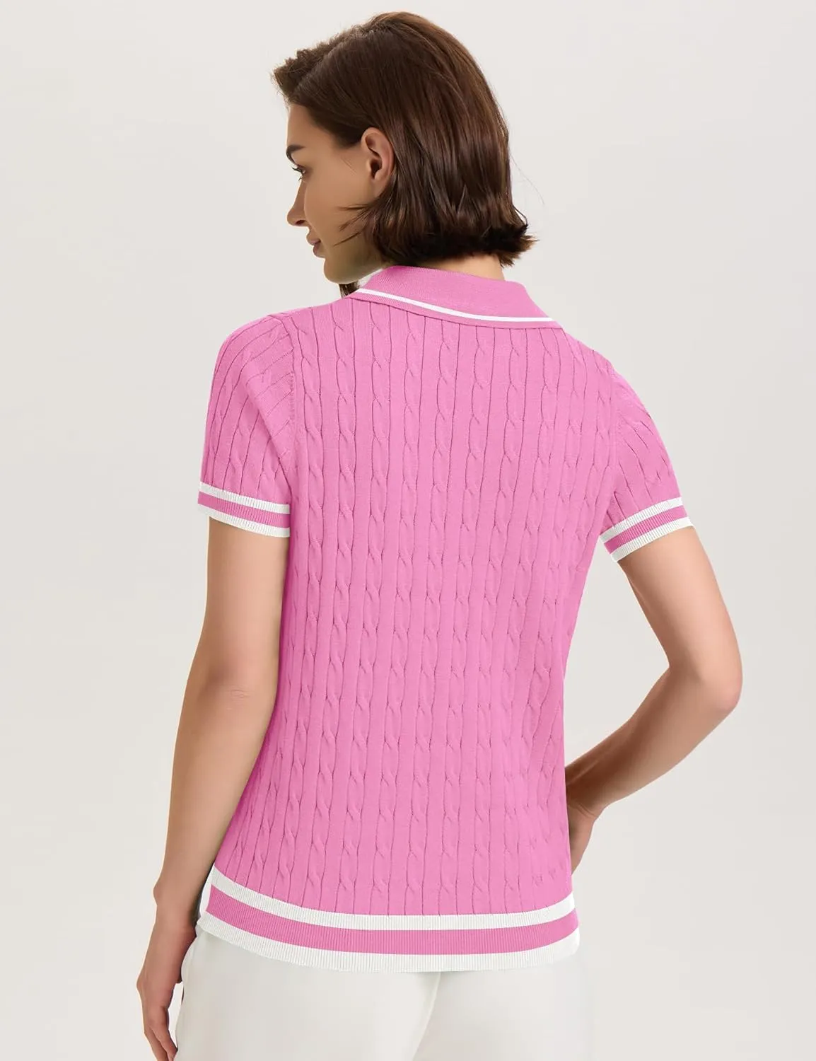 Micoson Womens Short Sleeve Sweater Tops Lapel V Neck Loose Shirts 2025 Summer Cable Knit Business Casual Outfits