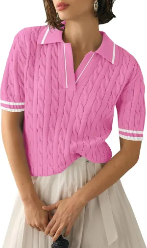 Micoson Womens Short Sleeve Sweater Tops Lapel V Neck Loose Shirts 2025 Summer Cable Knit Business Casual Outfits