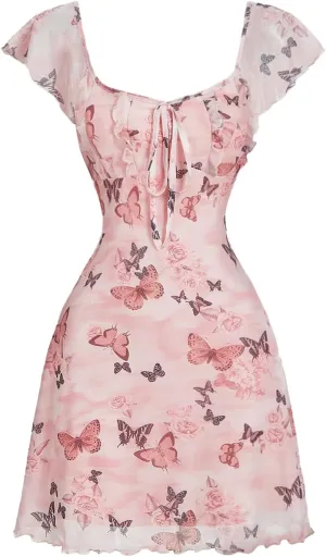 Milumia Women's Floral Cap Ruffle Sleeve Mini Dresses A Line Summer Beach Short Dress