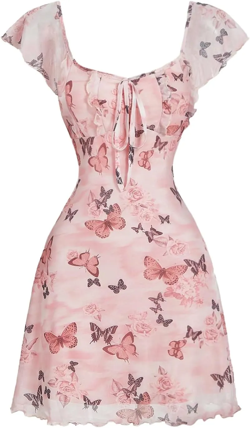 Milumia Women's Floral Cap Ruffle Sleeve Mini Dresses A Line Summer Beach Short Dress