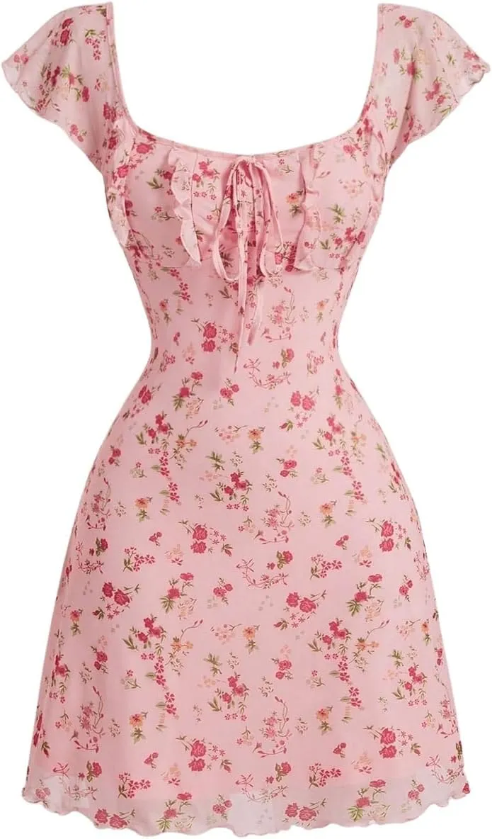 Milumia Women's Floral Cap Ruffle Sleeve Mini Dresses A Line Summer Beach Short Dress