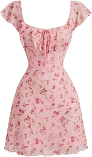 Milumia Women's Floral Cap Ruffle Sleeve Mini Dresses A Line Summer Beach Short Dress