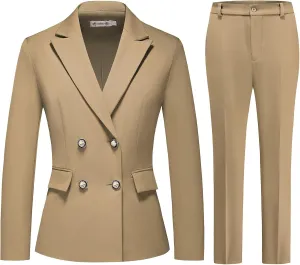 MODFUL Women's 2 Piece Business Suit Double Breasted Blazer and Pants Work Suit Set