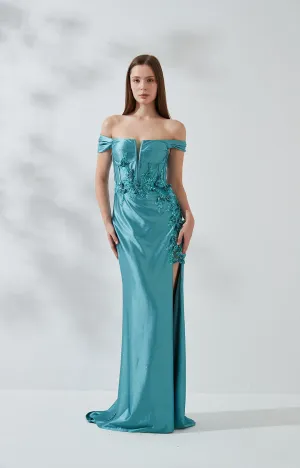 Off the Shoulder High Side Split Lace-Up Back Evening Dress