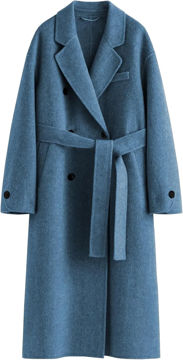 Peaceglad Womens Pea Coats Fall Long Trench Coat Double Breasted Button Down Lapel Belted Peacoat