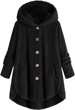 Plus Size Cardigan for Women Loose Button Down Hooded Sweater Long Sleeve Solid Fuzzy Jacket Coat 2024 Fall Winter