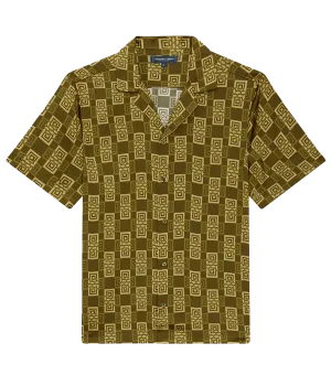 Roberto Silk Shirt Angra Clube Print in Spinach and Apricot