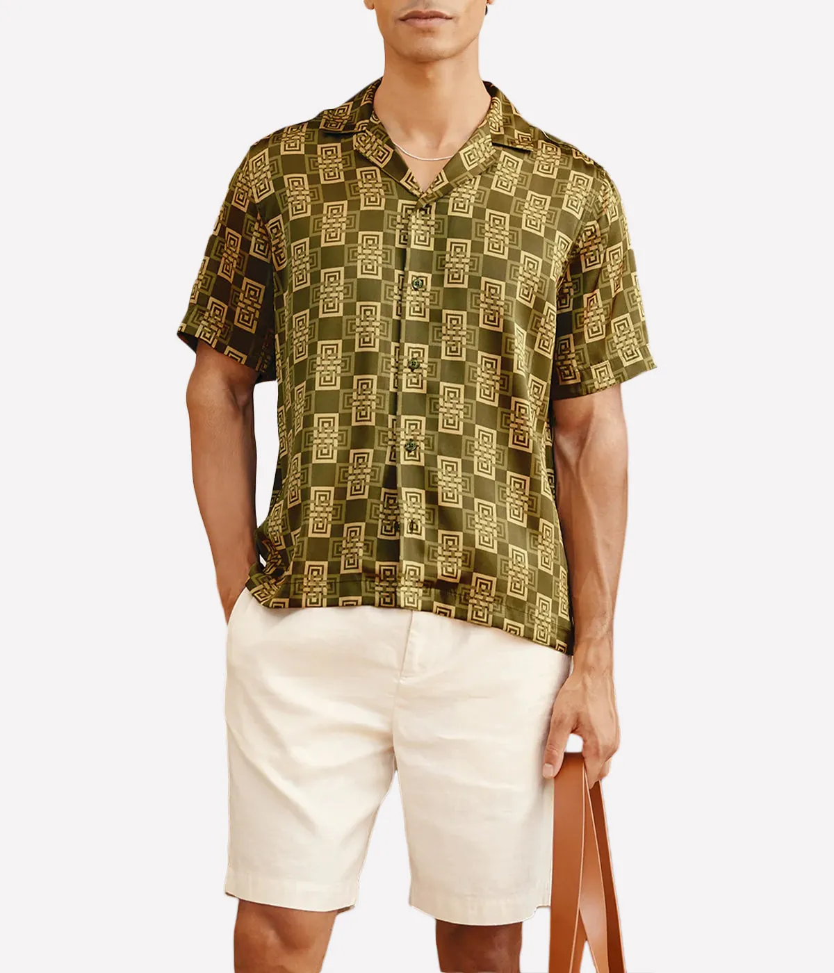 Roberto Silk Shirt Angra Clube Print in Spinach and Apricot